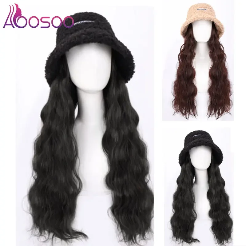 AOOSOO Synthetic Ladies Long Wavy Wig Khaki Black Fisherman Hat Wig Headgear Warm Hat Wig High Temperature Fiber Female Hair