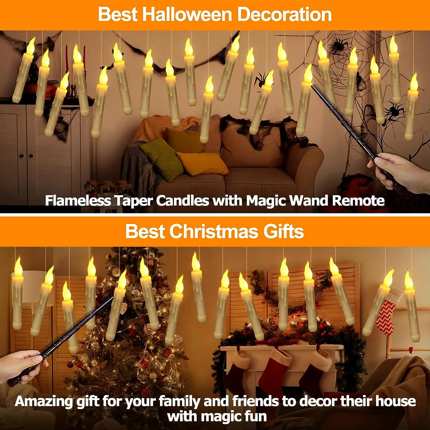 Halloween Christmas Floating Candles Magic Wand Remote Hanging Operated Battery Flameless Candles Warm Light Birthday Decoration