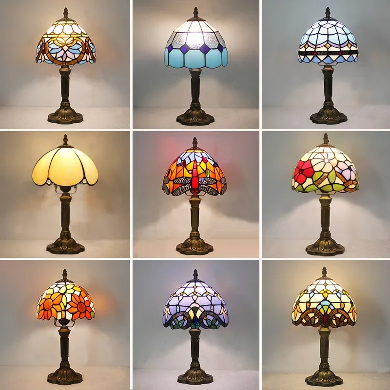 

Retro Stained Glass Table Lamp E27 Colorful Art Lampshade Mediterranean Style Baroque Table Light Bedroom Bedside Decor Lighting