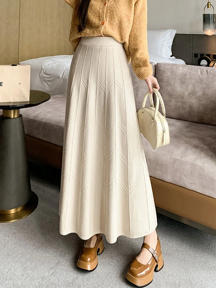 

Women Knitted Long Skirt 2024 Fall Winter Thick Warm Korean Elegant A Line High Waist Maxi Skirt Female Ladies Black Z666