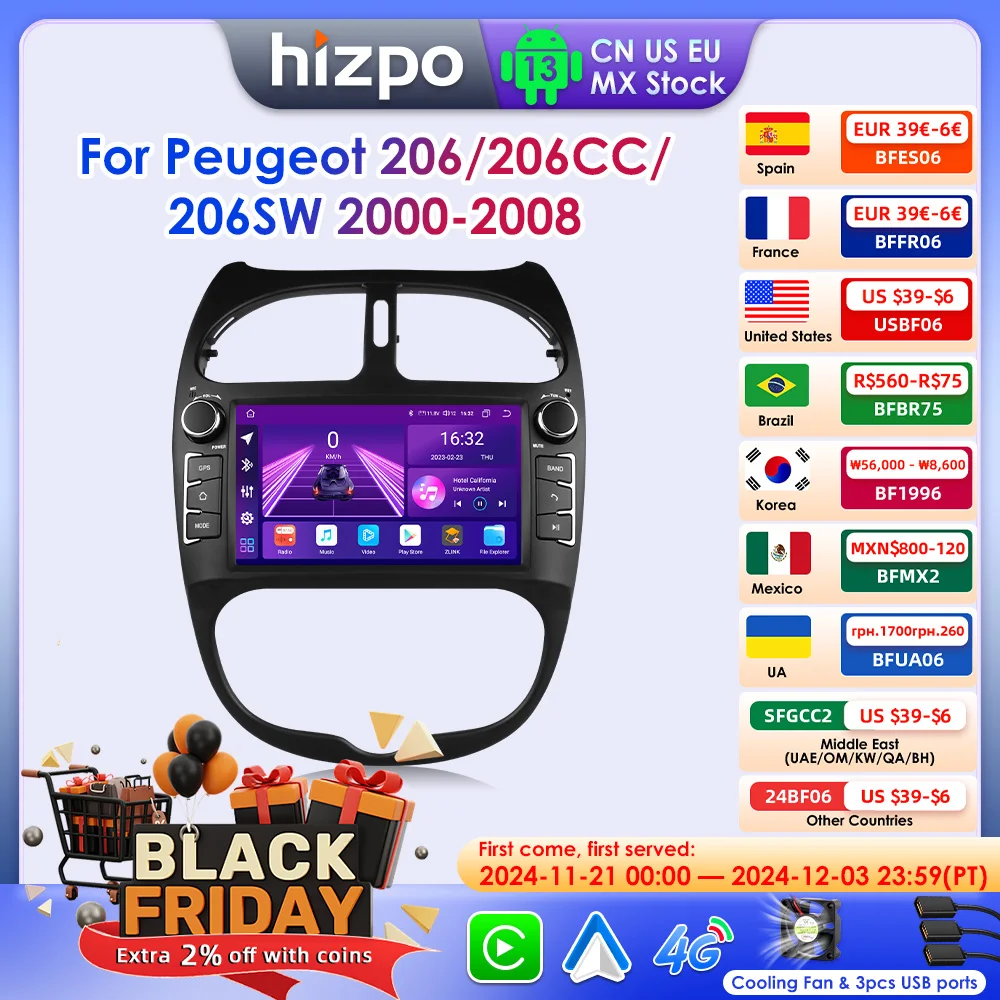 Hizpo Car Intelligent Systems Radio For Peugeot 206 206CC 206SW 2000 - 2008 Wireless CarPlay Android 13 Auto No 2 din 2din DVD