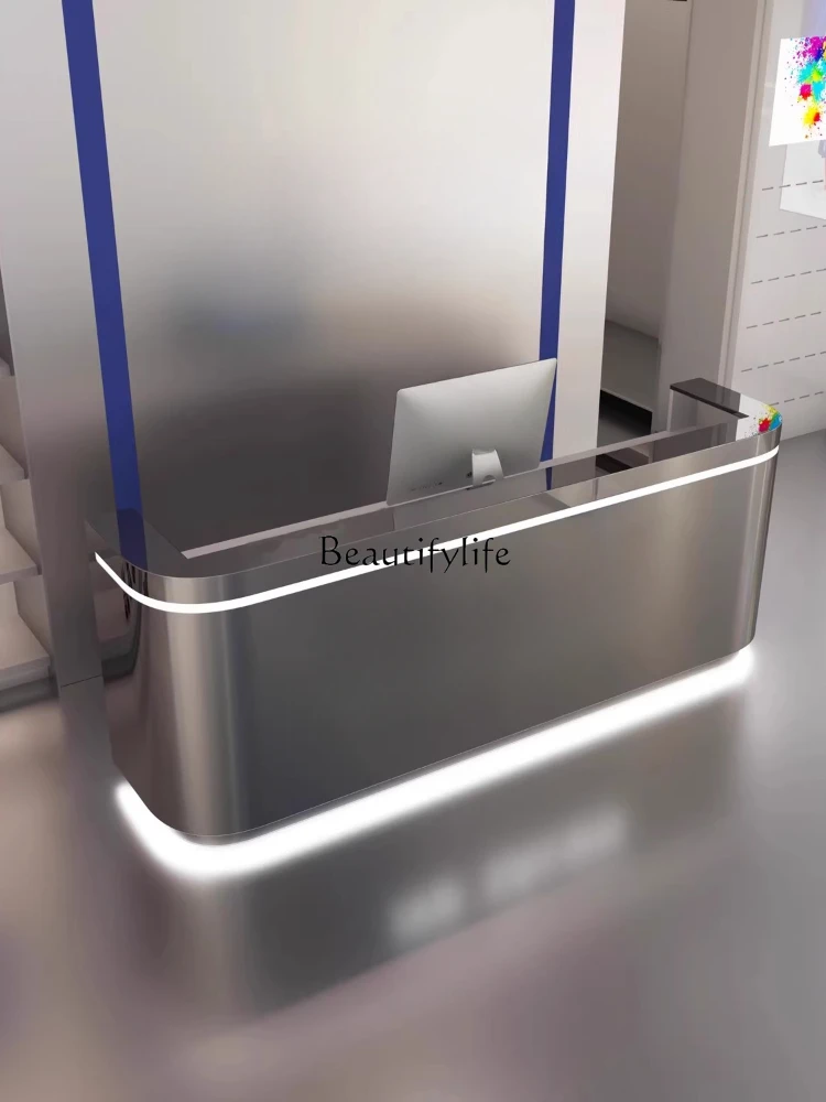 01Modern simple stainless steel checkout page Light luxury beauty salon Small reception counter
