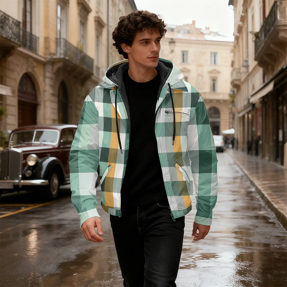 

Абстрактная полосатая клетчатая хлопковая куртка на молнии с капюшоном Полосатый геометрический узор Молния Геометрические цветные блоки Толстовки на молнии