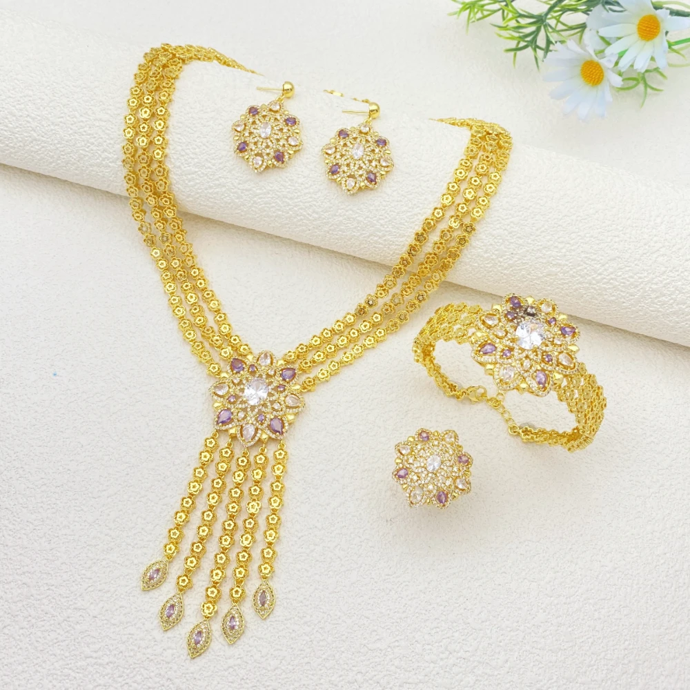 

Flora Anniversary Gift for Women Floral Tassels Zircon Jewelry Set Necklace Earrings Ring Bracelet Gold Plated Copper Sparkle