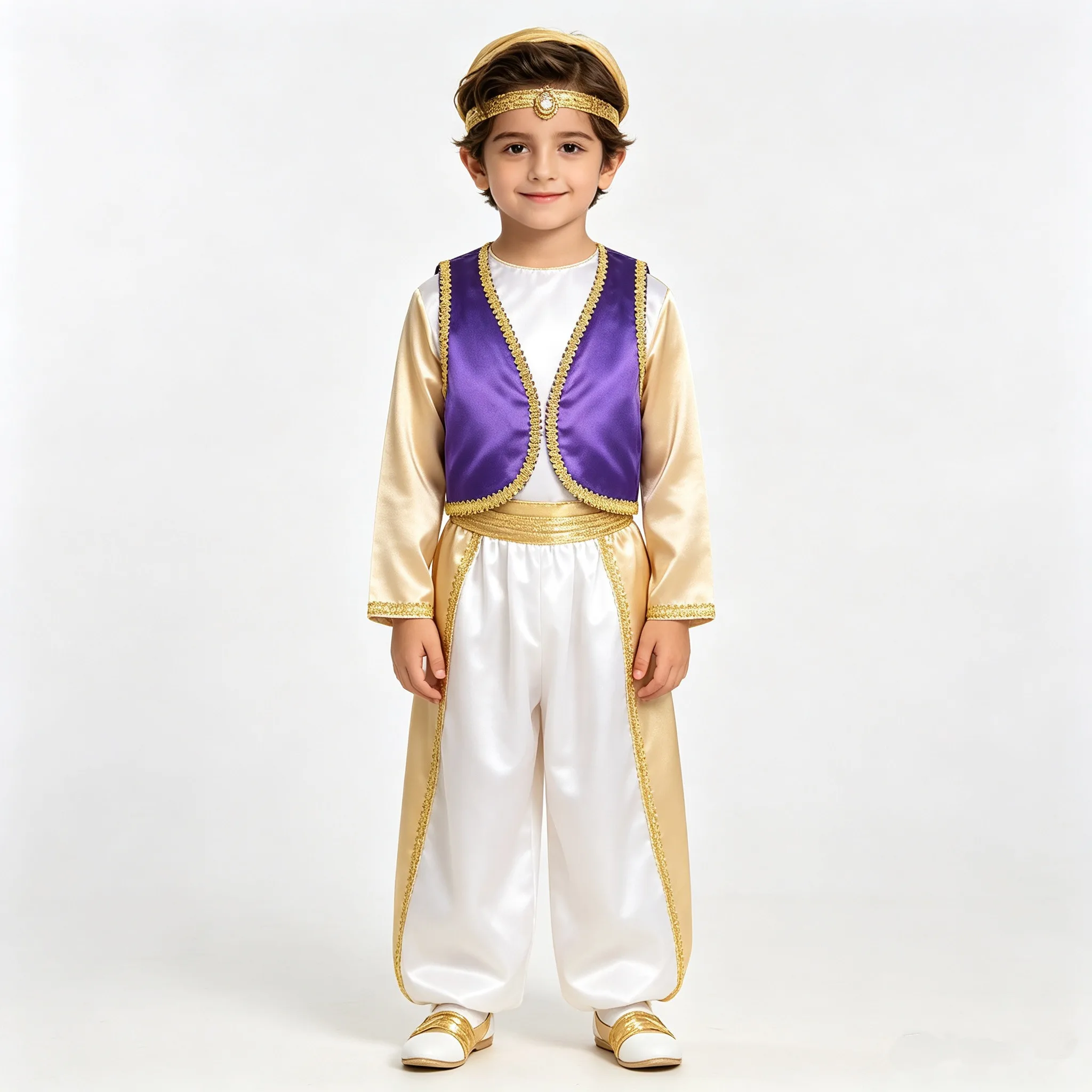 Kids Boys Halloween Arabian Prince Costume Satin Vest Waistcoat Theme Party Masquerade Festival Role Play Performance Clothes