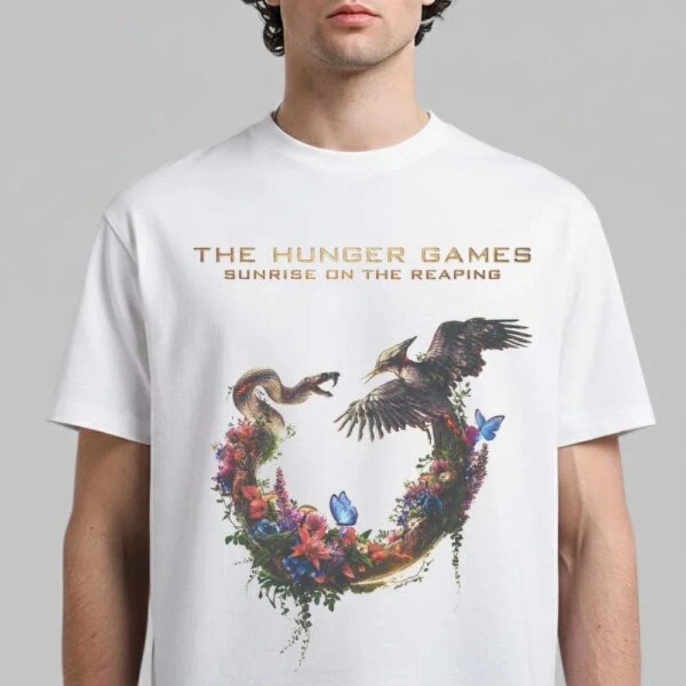 The Hunger Games: Harvest Day Sunrise Logo Snake and Bird Loose T-Shirt, reine Baumwolle, für alle Jahreszeiten, Streetwear-Shirt für Paare – Detail 3