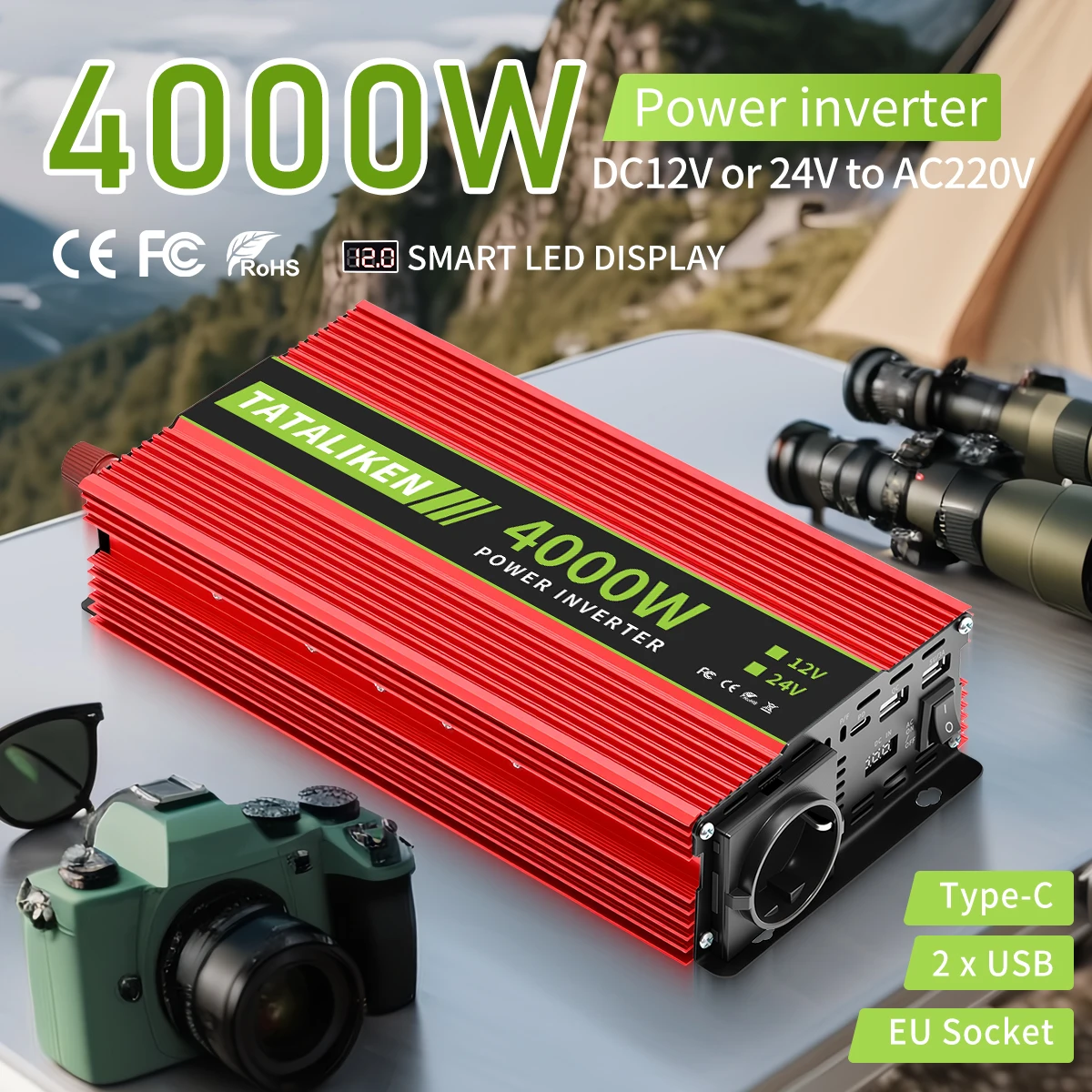 500 واط 1500 واط 4000 واط عاكس الطاقة تيار مستمر 12 فولت إلى التيار المتناوب 220 فولت الاتحاد الأوروبي التوصيل مع USB-C QC3.0 مروحة التبريد للاستخدام المنزلي للسيارة #4