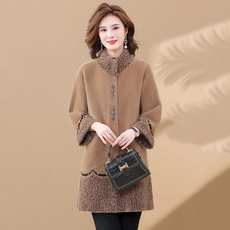 New Autumn Winter Middle-aged mother Imitate Mink Velvet Jacket Women Cardigan Overcoat Loose Casual Woolen Coat Women Outwear