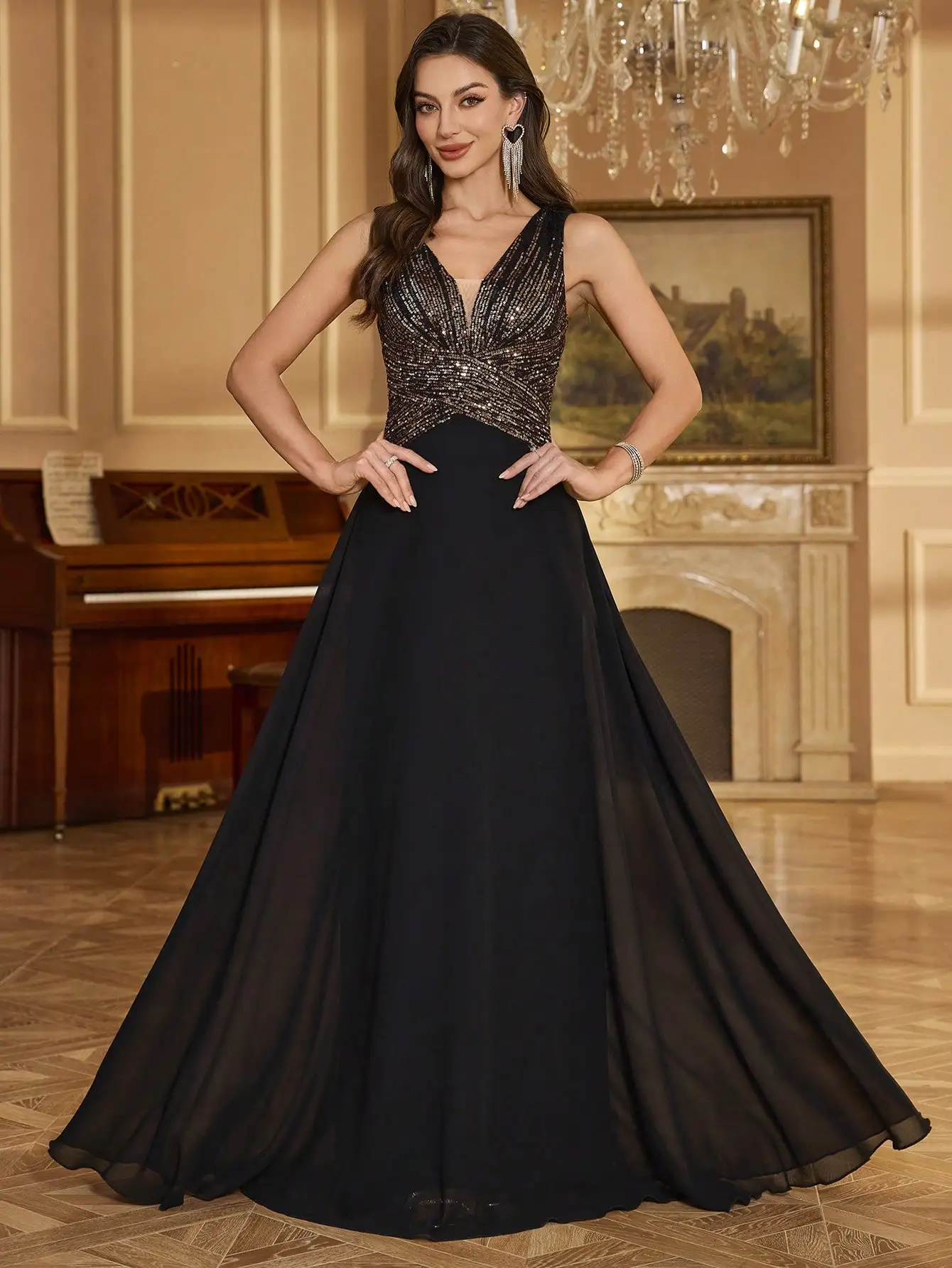 

Elegant V-Neck Gradient Sequin Chiffon A-Line Evening Dress for Wedding Guest & Formal Events