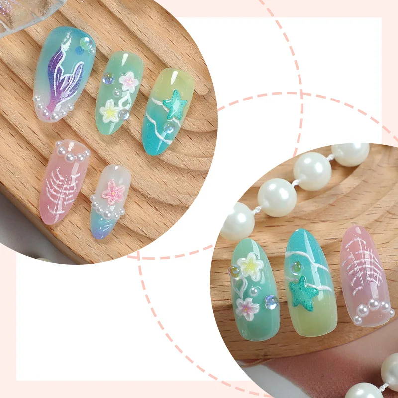 30pcs Summer Press on Nails 3D Ocean Starfish Shell Decor Fake Nail Tips Full Cover Wearable Gradient Blue Almond False Nails view 3