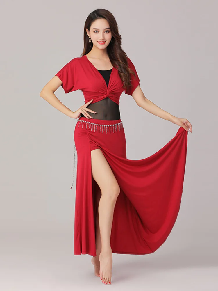 Short Sleeves Street Dance Belly Latin Clothes Mesh Patchwork Top Flamenco Arab Woman Jazz Split Skirt Costume Classical Suit