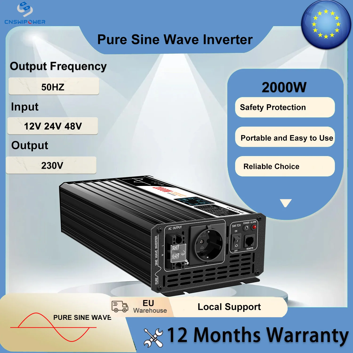 CNSWIPOWER 2000W 12V 24V 48V zu 230V Reiner Sinus-Wechselrichter Ideal für Camping Wohnmobil Zuhause