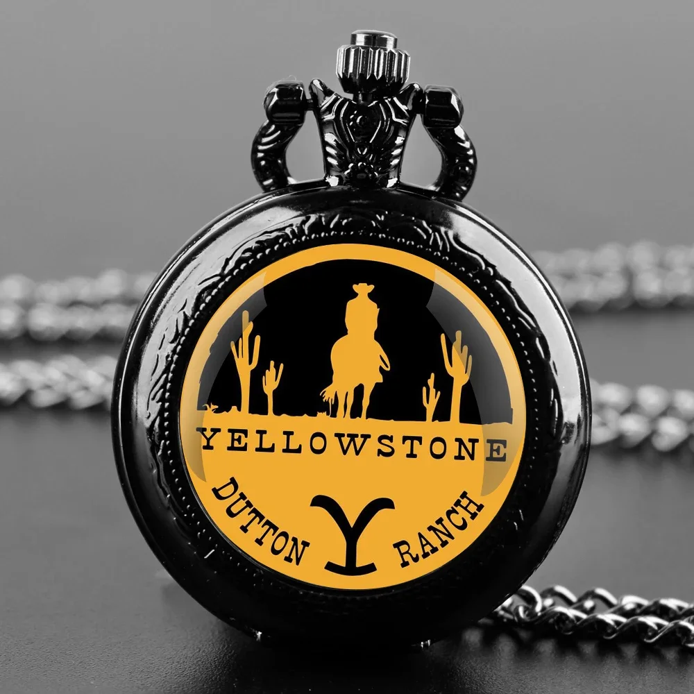 Yellowstone Glass Dome Pocket Watch with Chain Necklace Vintage Quartz Pendant Watches Mens Women Gift