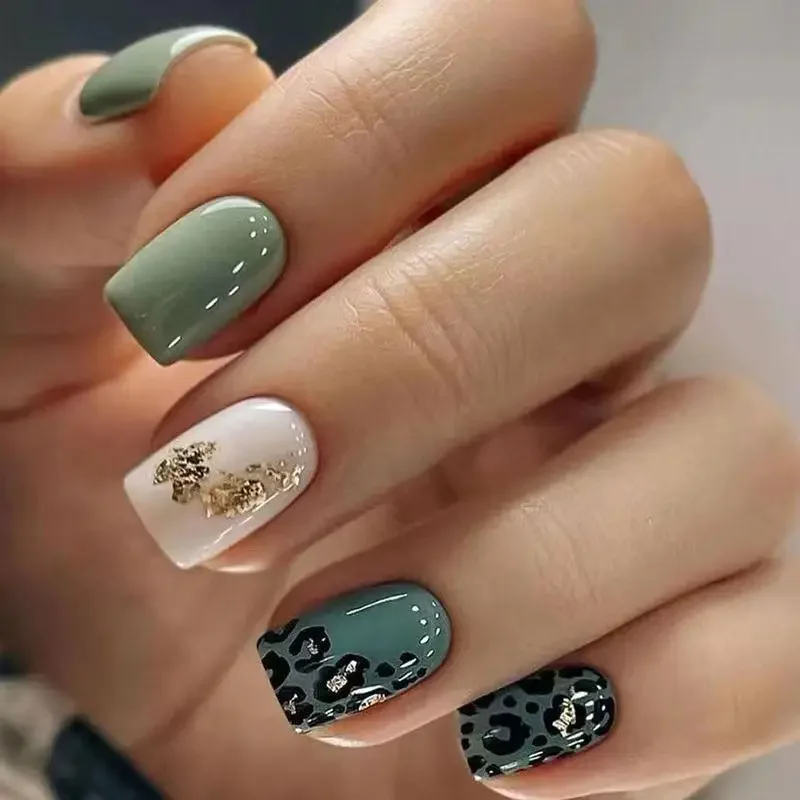 

Green Leopard Press On Nails, Short Square Fake Nails, Sage Green & Gold Foil Removable Elegant False Nail Tips