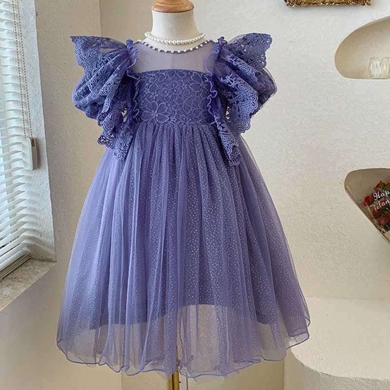 2-10Y Summer Girls Dress Lace Flower Binding Pearl Embellishments Puff Sleeve Princess Dresses For Girl Kids Party Mesh Clothes