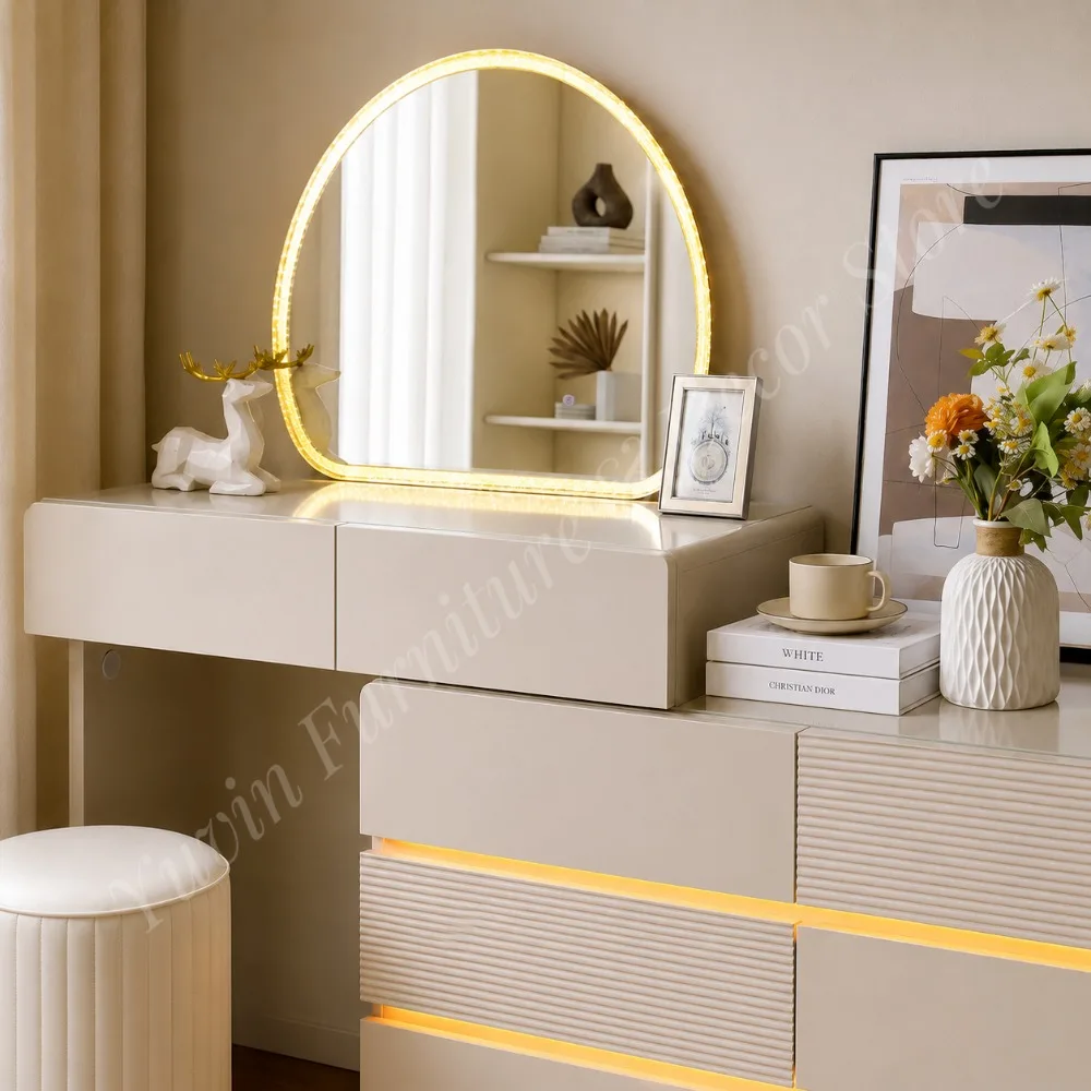 Modern Hotel Bedroom Dressing Table Removable Panel LED Dimmable Lighted Mirror Pine 6-Drawer Dresser for Corner Makeup Vanity