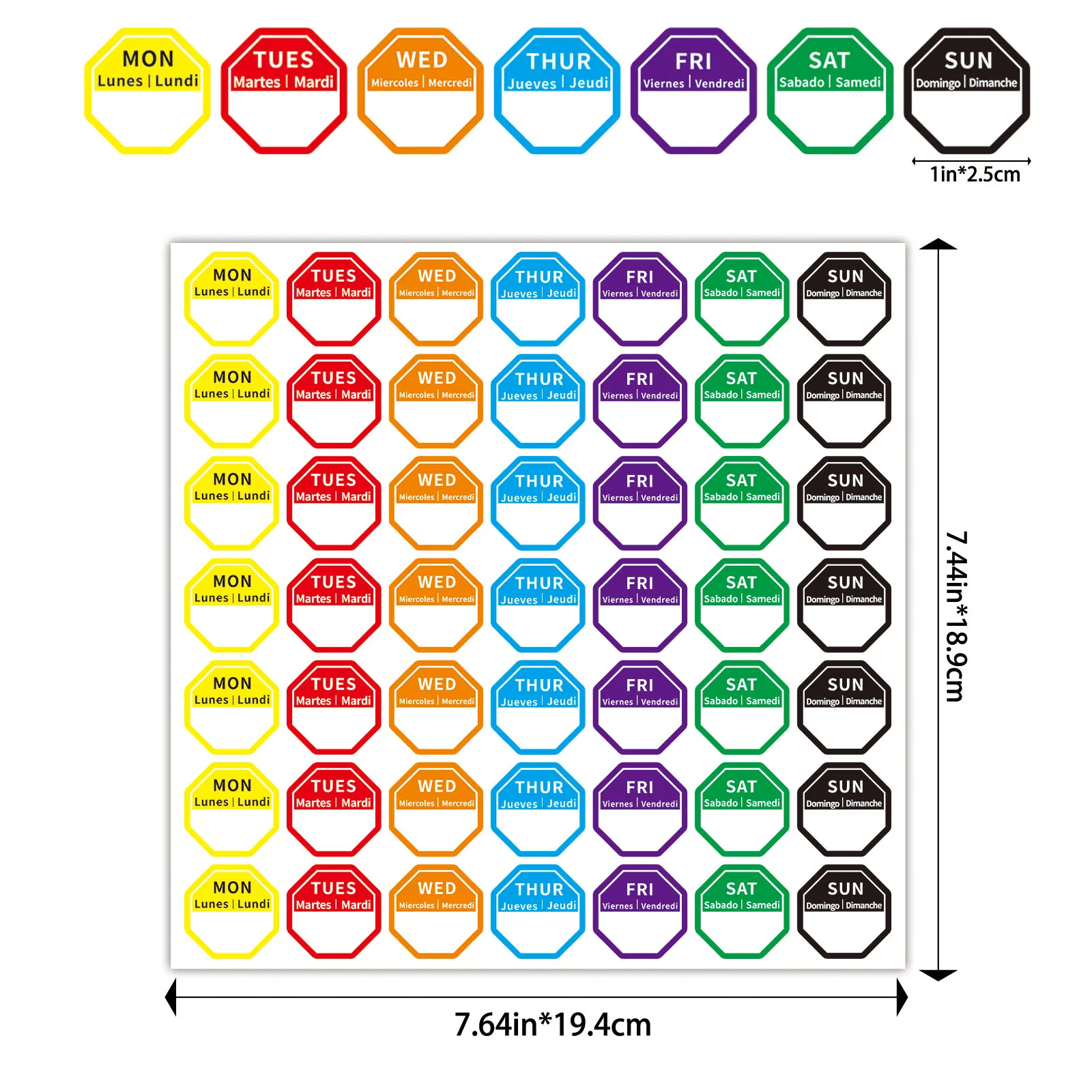 5 Large Sheets of Colorful English, French, Spanish, and Multilingual Universal Food and Item Date/Time Marking Stickers, 7-Day Cycle Labels, Weekly Self-Adhesive Monday, Tuesday, Wednesday, Thursday, Friday, Saturday, Sunday Daily Date Marking Stickers, Food Storage Marking Stickers, Item Storage Time and Date Marking Stickers