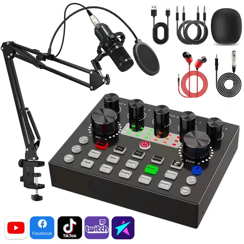 V8S Live Sound Card Equipment Live Broadcast DJ Audio Mixer With Microphone Set Fot Smartphone Games Blog Live streaming Device