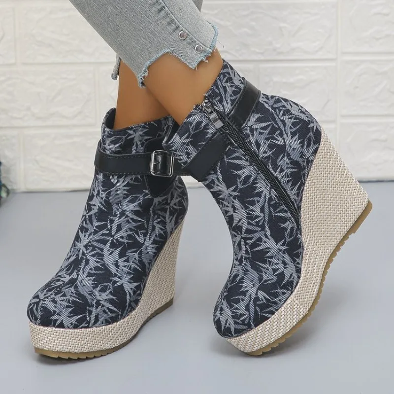 Women's Wedge Ankle Boots Round Toe High Heel Printed Fabric Upper Woven-Look Base Side Zipper Ankle Strap Stable Daily Footwear