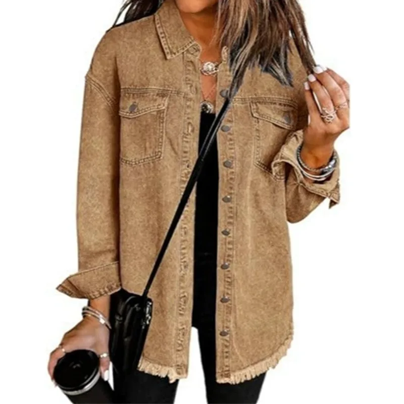 2026 Spring Autumn New Long Sleeve Denim Shirt for Women Medium Length Solid Color Loose Design Female Cowboy Coat Casual Top