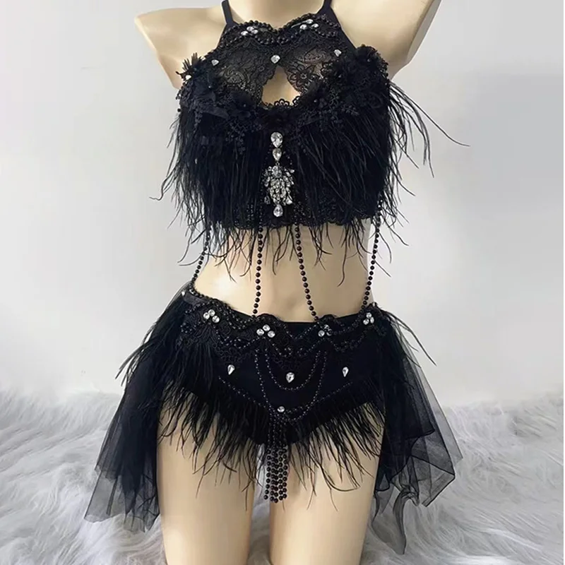 New Jazz Dance Clothes Women Black Tassel Diamond Sexy Suit Gogo Dance Outfits Nightclub Bar Dj Costumes Adult Clubwear VDL31