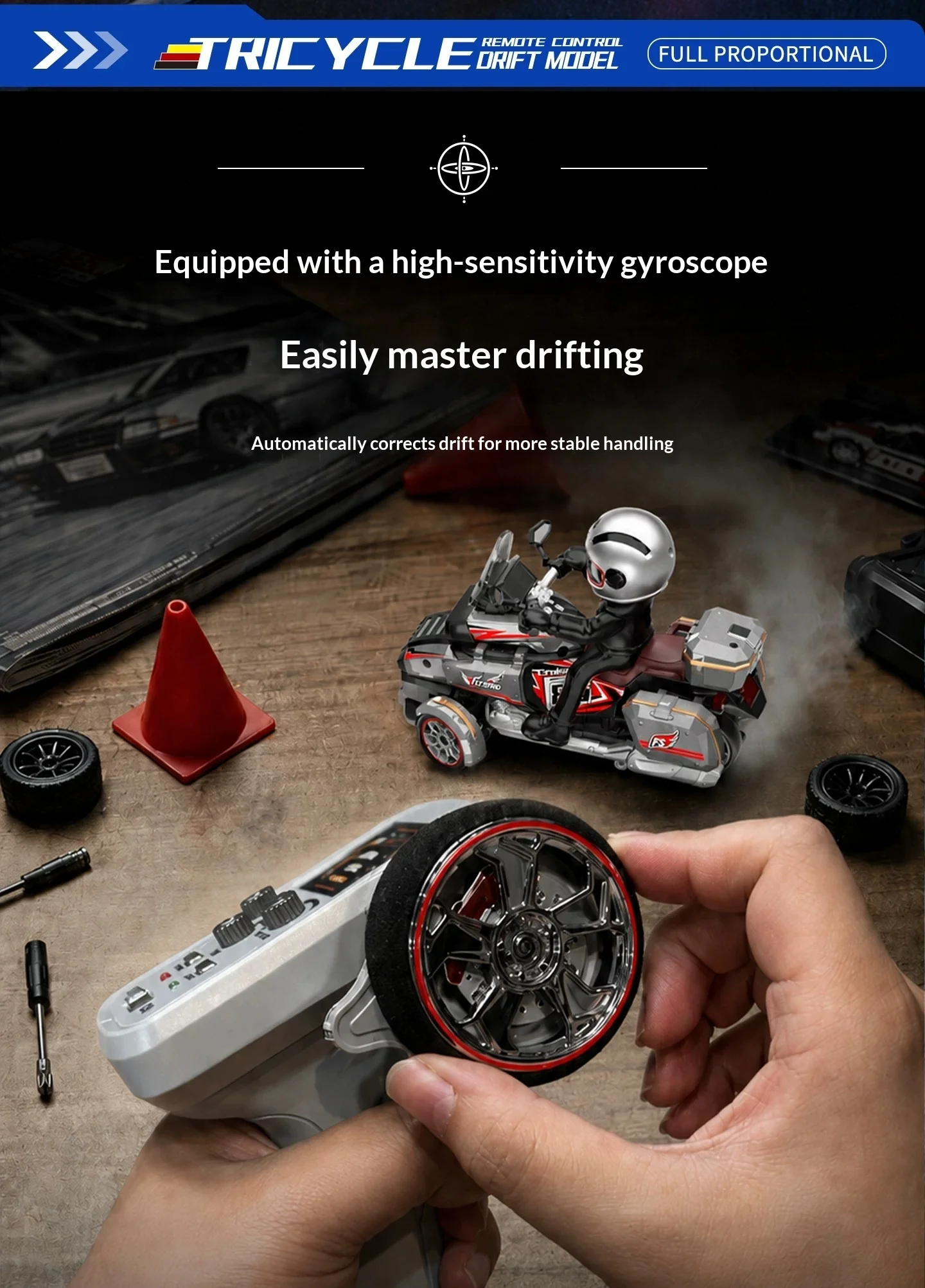 Flytec 1 43 Scale 3WD RC Drift Motorcycle Full Proportional Control With Gyro Mini Remote Control Racing Vehicle For Indoor