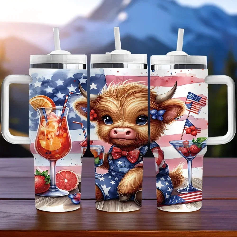 40Oz Insulated Tumbler with Handle, Printed with Patriotic Highland Cow American Flag Pattern, Long-Lasting Temperature Retention, Perfect Holiday Birthday Gift for Daily And Outdoor Use