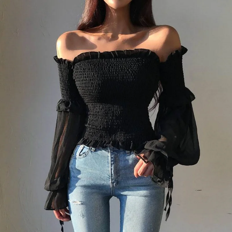 Off Shoulder Sexy Women Blouse Flare Sleeve Lace Up Slim Shirt Fashion Long Sleeve Tops Elegant Ruffles Clothing