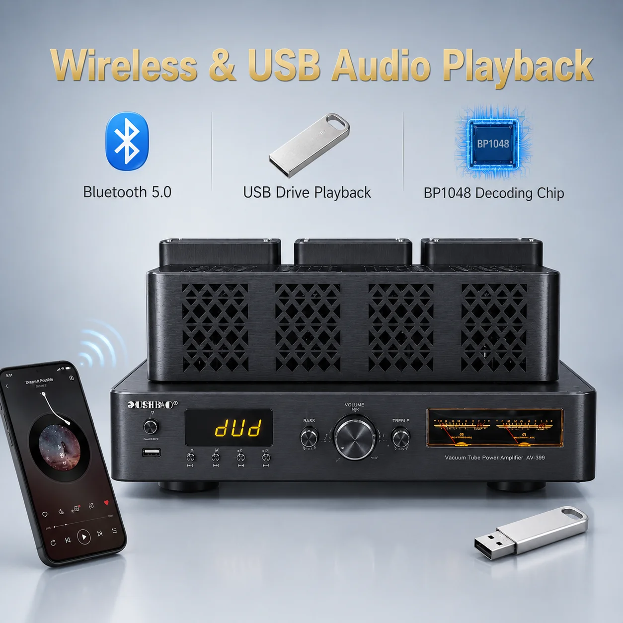 200W+200W High Power Fever Hifi Tube Amplifier Pre-stage Auido Speaker Amplifier Home Theater Bluetooth 5.0 Support 4/8Ω Speaker