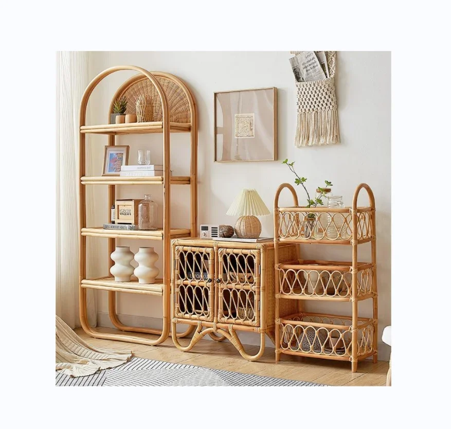 Handmade 3 Tiers Rattan Wall Shelf Storage Rack Bookshelf Home Decor Furniture Living Room Wine Bottle Display Rack