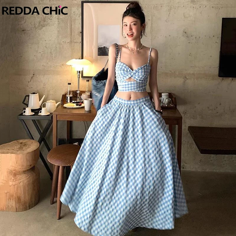 

ReddaChic Blue Plaid Women Crop Top & Floor Balloon Skirt Bandage High Waist Maxi Long Ruffle Skirt 2-piece Set Summer Beachwear