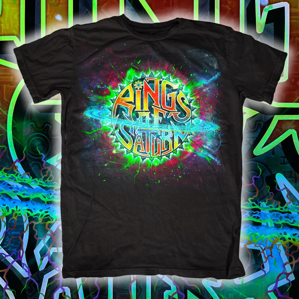 Rings of Saturn Neon Glow Gear Circle Logo Graphic Print T‑Shirt, Features Colorful Gradient Band Logo Inside Gear Round Frame