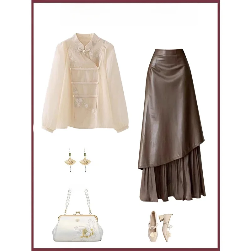 

Весенний новый дизайн: комплект из двух предметов — блузка с воротником и асимметричная юбка в стиле ханьфу для молодых женщин, модная повседневная одежда