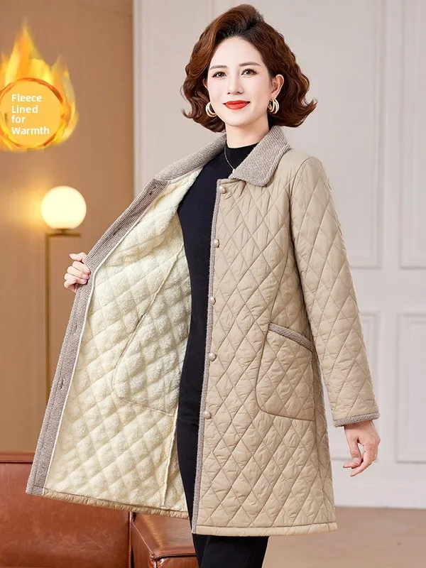 

Long Cotton Jaet with Fce Warmth Diamond Pattern Collar Stand up Coat for Middle-Aged Women V-Ne Winter Faionable