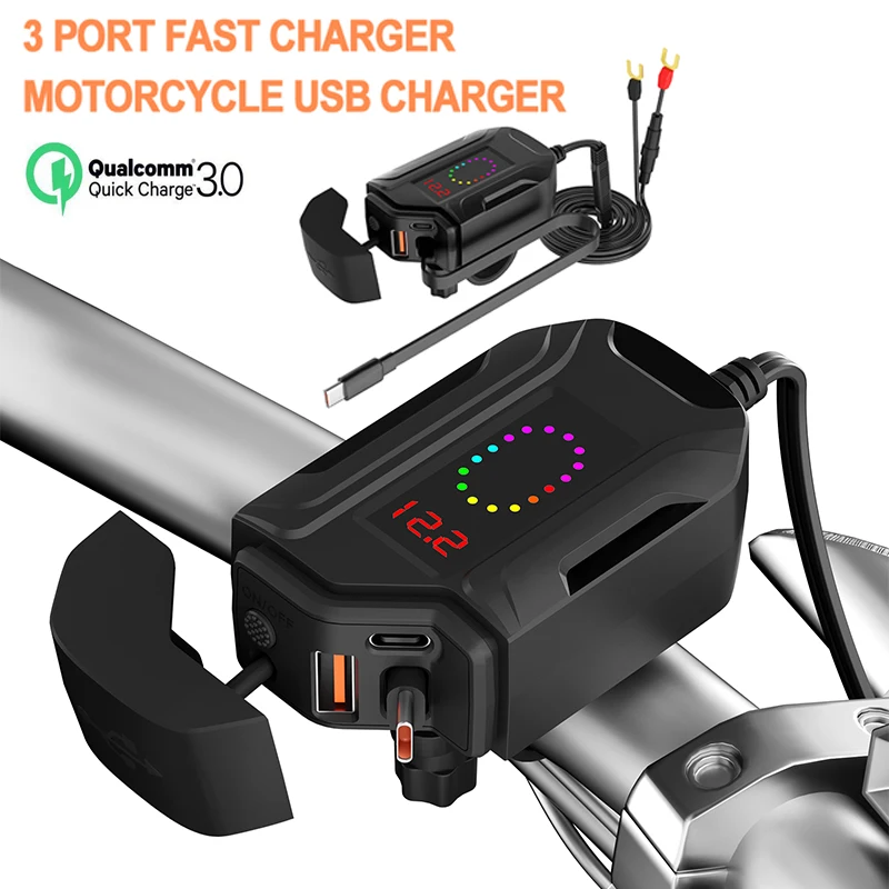 

Motorcycle Charger Handlebar USB QC3.0 Fast Charging Power Adapter with Waterproof Digital Voltmeter Moto Charger Accessories