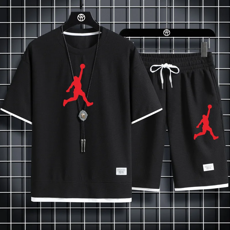 

2024 Summer Breathable T-Shirt Men's Waffle Sets Casual Shorts Set Male Suit Solid Color Tracksuit Loose Joggers Suits