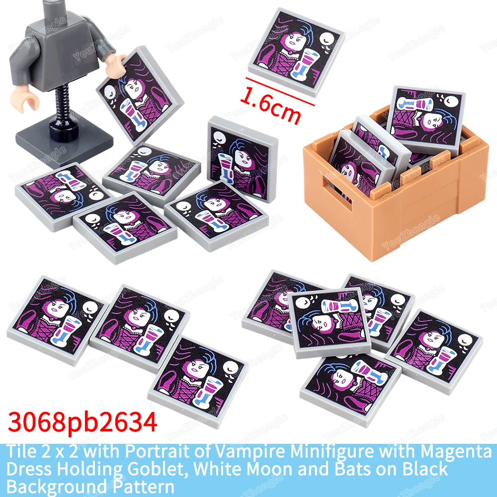 Vampiro lua morcego padrão impresso bloco de construção 2x2 telhas básicas 3068 peças moc figuras retrato equipamentos modelo correspondência brinquedo diy