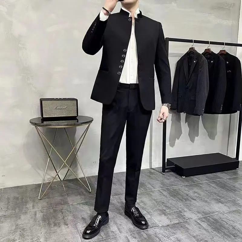 2-A17  New Chinese style suit men's jacket, high-end, handsome, stand-up collar suuy casual, high-end collarless youth tunic s