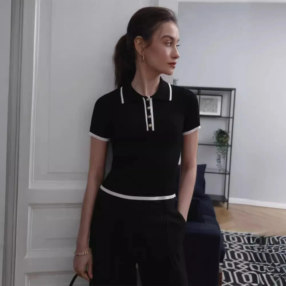 Skinny Ribbed Tight Fitting Knit Sweater Pullover Women Short Sleeve Patchwork Slim Lapel Elegant Contrast Knitwear Top Female