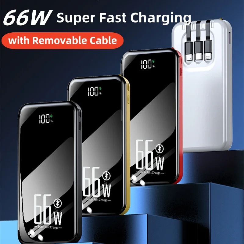 66W Super Fast Charging Power Bank 20000mAh Mirror Screen Portable Charger with Removable Cable Powerbank for iPhone 15 Samsung