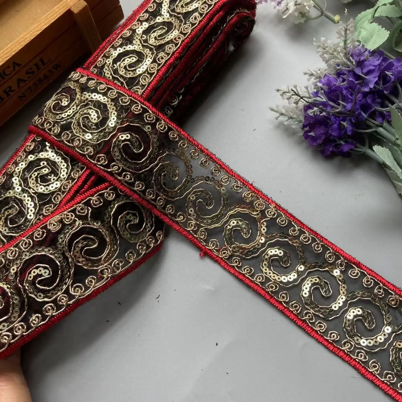 2 Yards Red 5cm Sequin Lace Trim Ribbon Flower Fabric Embroidered Trimmings for Sewing Applique Lace Fabric Decorative Swiss