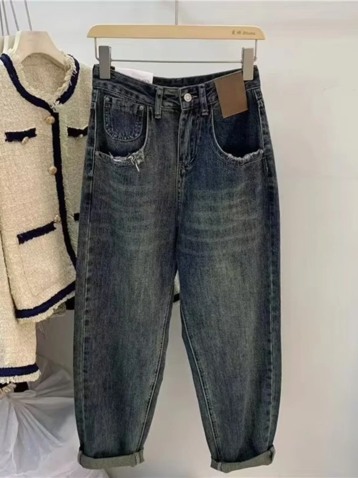 

High Waist Harajuku Sle Women's Jeans Retro Waed Straight Leg Ankle-Length Cotton Stretch Denim Slimming Design Fall Season