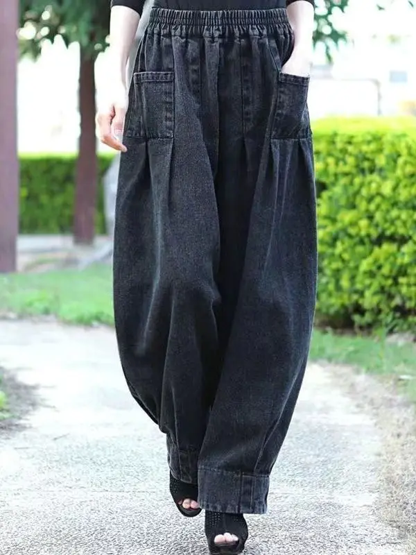 

High-End Casual Waed Denim Pants Women's Vintage Loose Waist Wide Leg Pants Comfortable Winter Faion plus Size Trousers