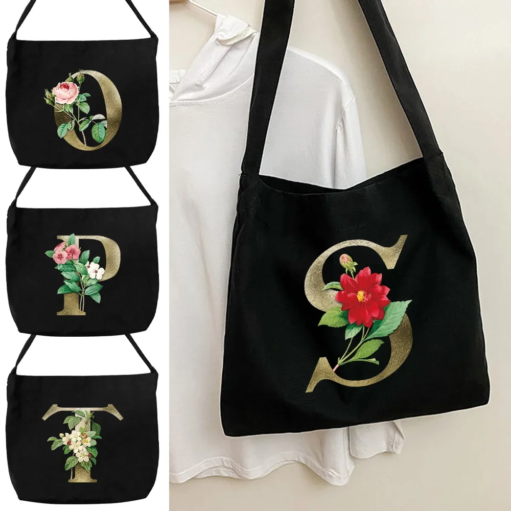 New Minimalist Canvas Shoulder Bag Portable Multifunctional Shoulder Bags Golden Flower Letter Pattern Series Travel Handbag