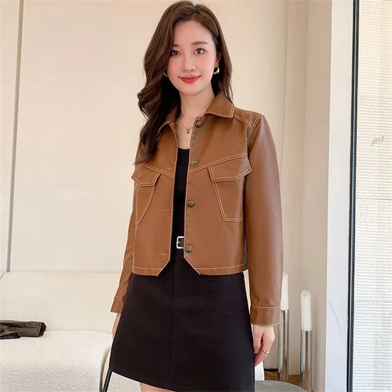 Spring Autumn Leather Jacket Coat Single breasted PU Short Motorcycle Jacket Women's Retro Fashion Versatile Coat Outerwear top