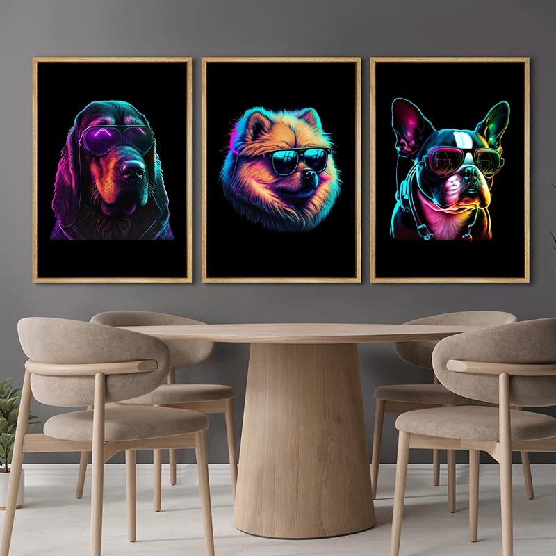 Abstract Synthwave Dogs French Bulldog Terrier Shepherd Portrait Print Poster Canvas Painting Wall Art For Living Room Decor