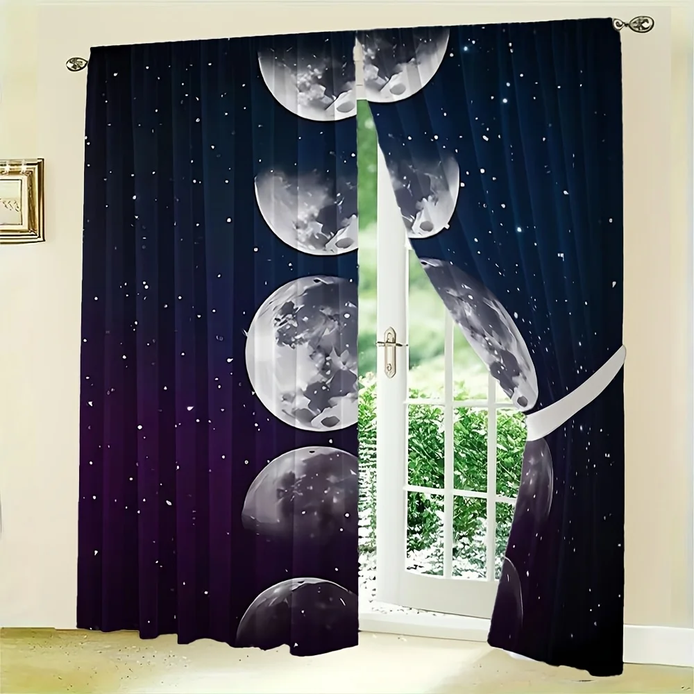 2PC Celestial Moon Phase Curtains Galaxy Stars Night Sky Space Decor Curtain for Bedroom Living Room Window