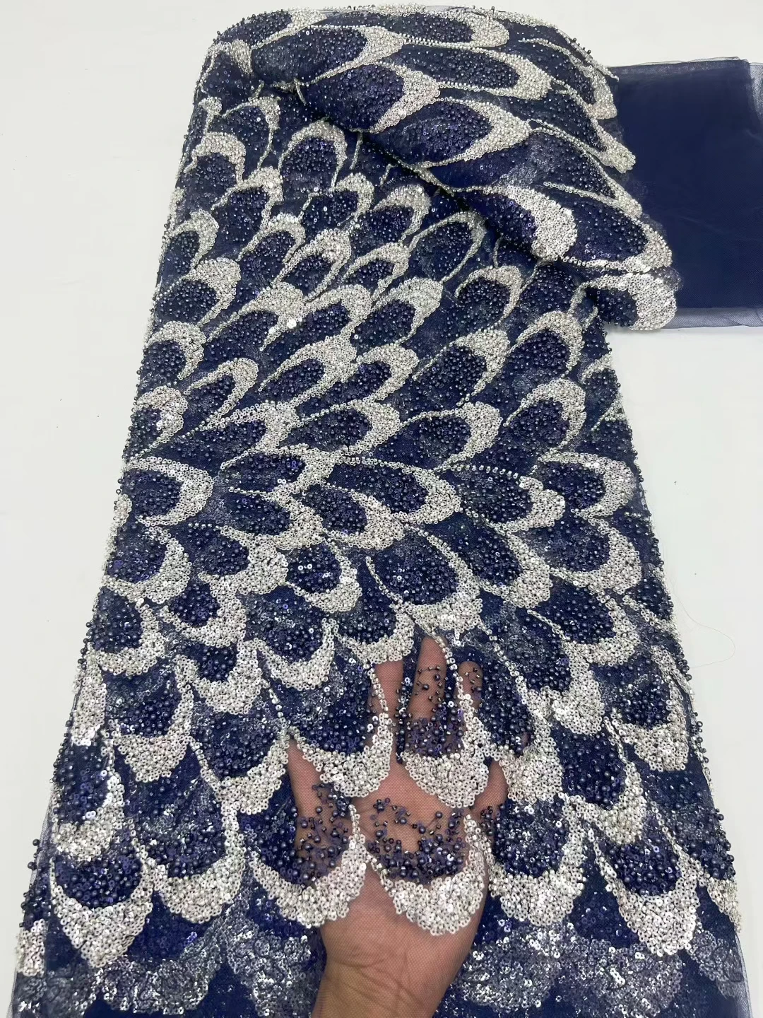 

New Arrival Navy Blue Beaded African Lace Fabric 2025 High Quality Sequins Embroidery Heavy Beads Nigerian Lace Fabric PHD25161