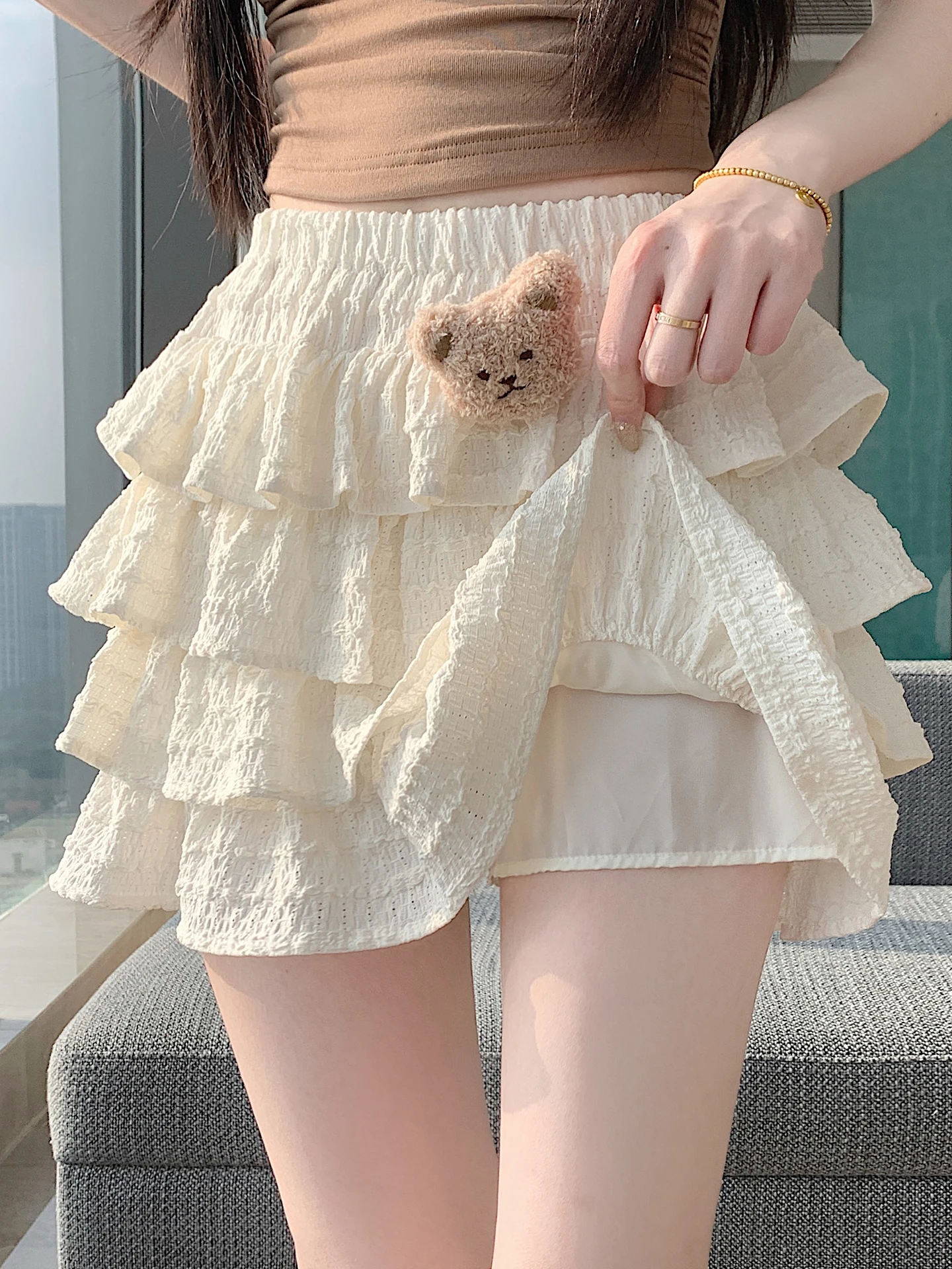 

Cute Bear Print Skirt Women's High Waist A-Line Short Cake Skirt Summer Anti-Light Walking Skirt Korean Style Commute