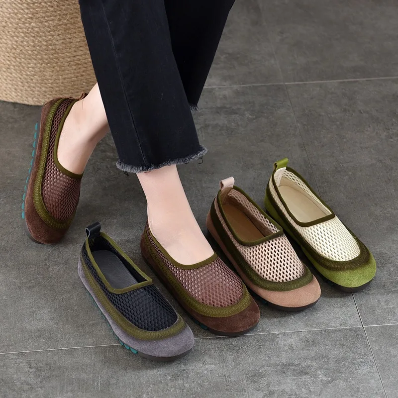 

Birkuir Лоферы Женская обувь с открытыми отверстиями Повседневная обувь на плоском каблуке Сетка Разноцветные туфли на плоской подошве Мягкая подошва Удобная обувь из натуральной кожи